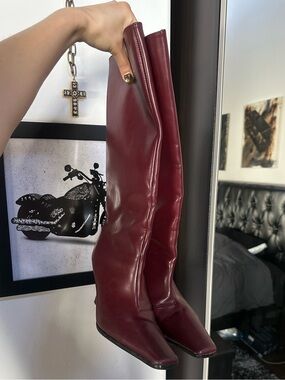 Over-the-Knee Leather Boots in Deep Burgundy - Classic Pointed Toe